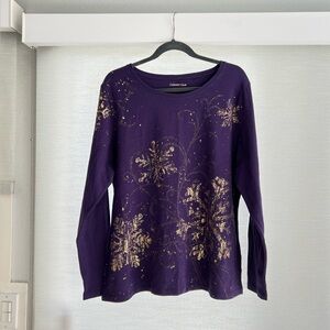 Coldwater Creek Purple and Gold Graphic Embellished Long Sleeve Tee